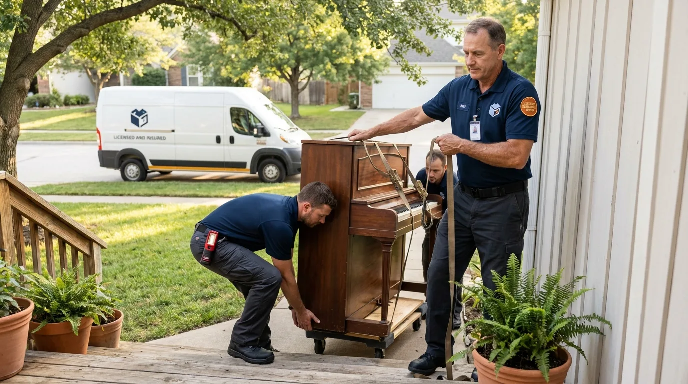 Licensed piano movers securing grand piano in Stockton, IL