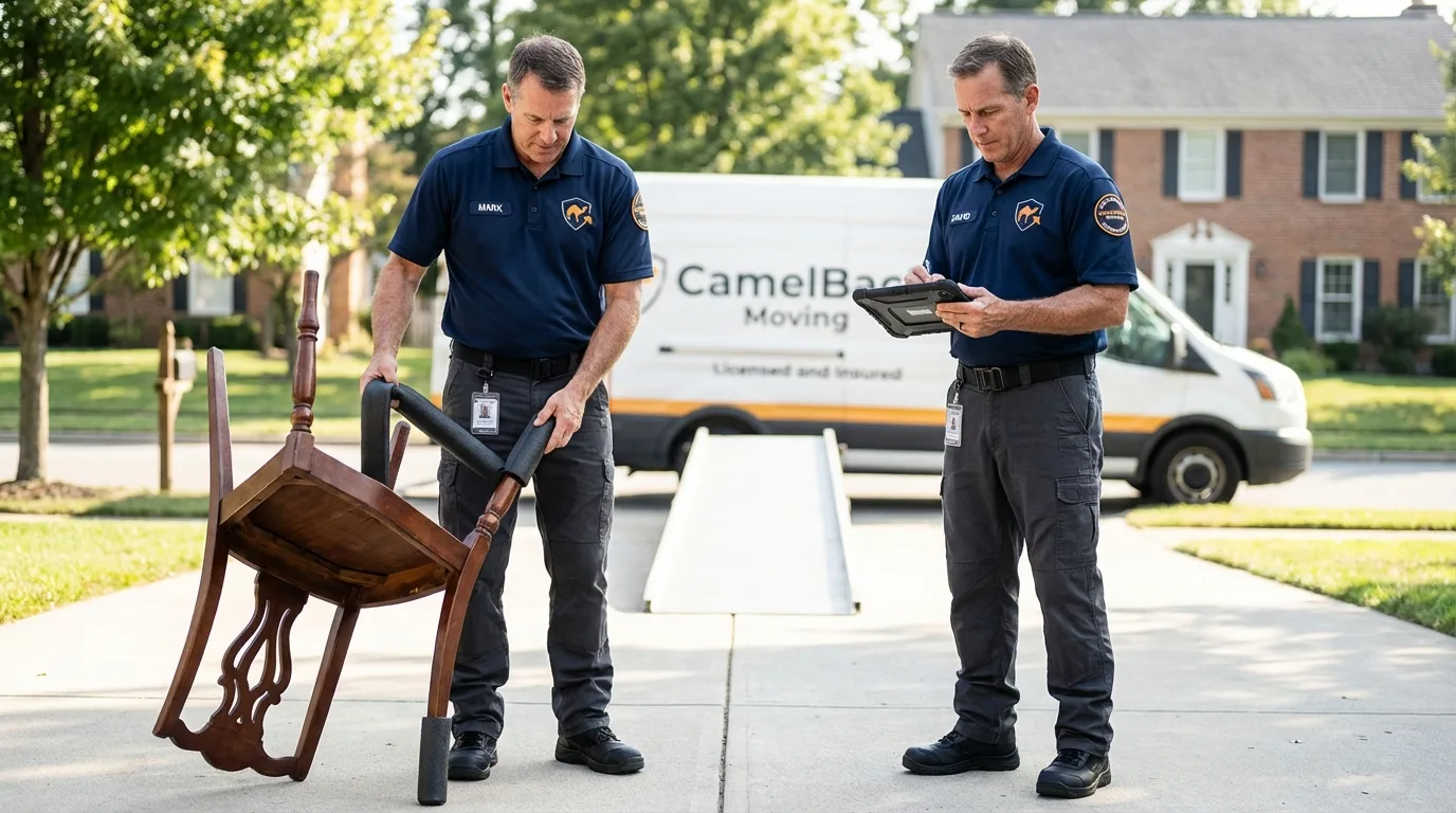 Movers inspecting furniture for damage prevention before loading in Stockton, IL