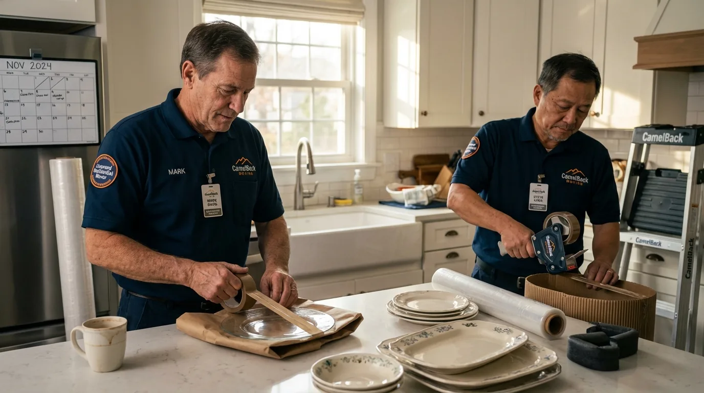 Professional crew packing kitchen dishware in Stockton, IL